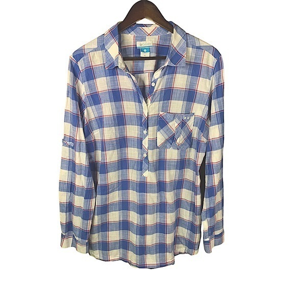NEW Columbia Performance Fishing Gear XL Long Sleeve Camp Shirt Blue Plaid Tunic - Picture 1 of 11